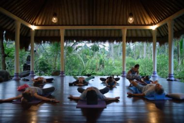 Yin Yoga posture during the retreat at Sidement